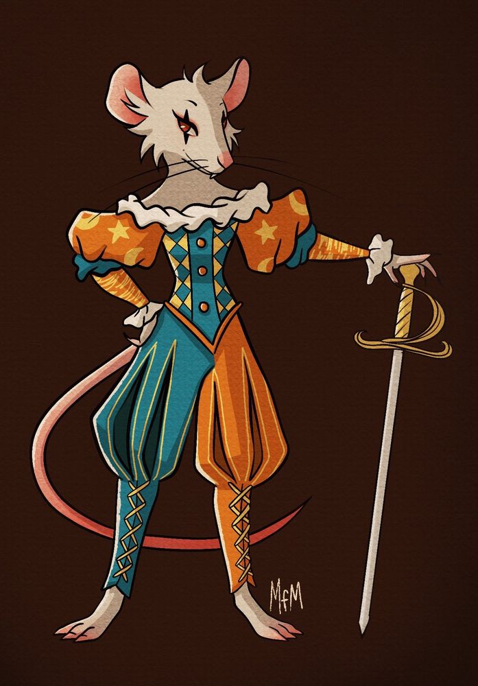 Drawing of chimney, an Ysoki swashbuckler dressed as a jester 