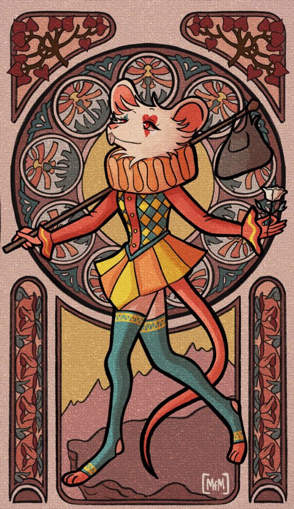 Illustration of Chimney, a jester Ysoki as the fool tarot card 