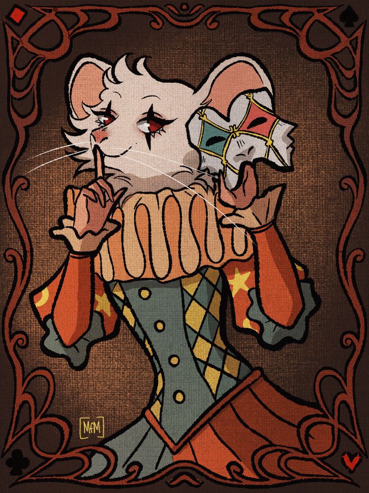 Illustration of Chimney, a jester ysoki holding a mask and making a shhh face (lol)