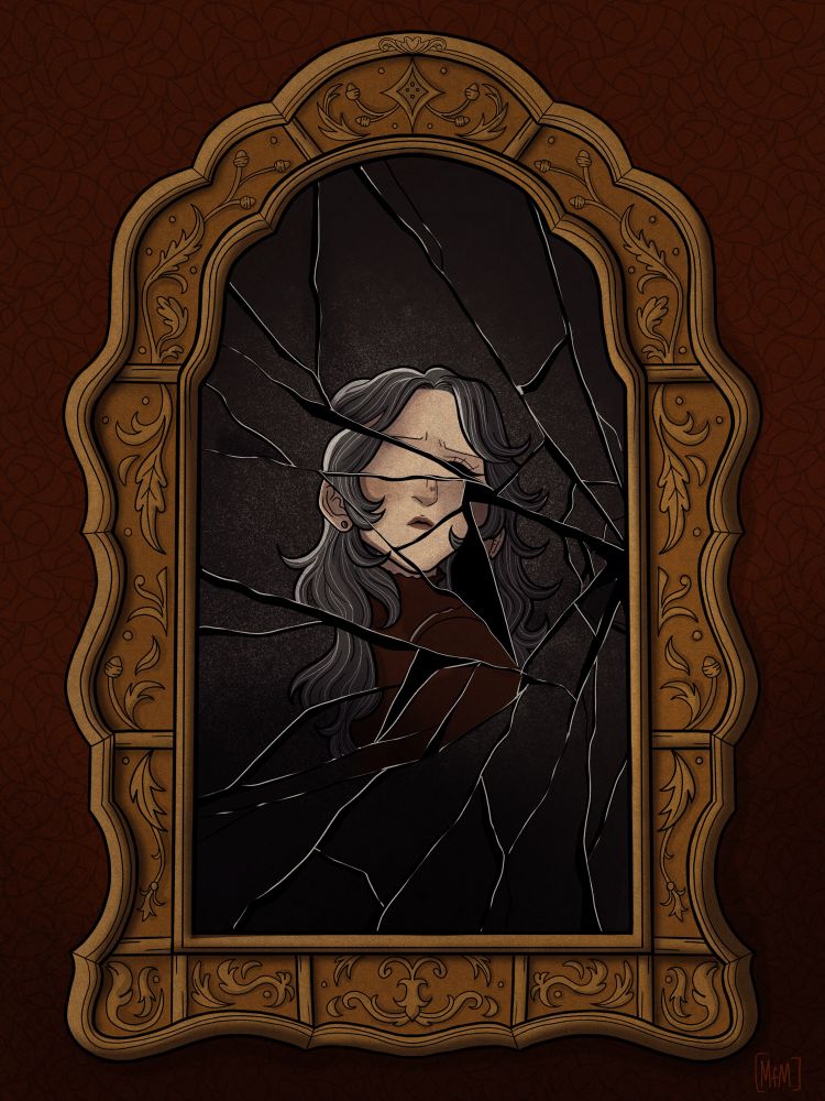Illustration of the reflection of a woman in a broken mirror 