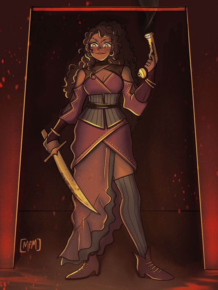 Drawing of Olympia, a human gunslinger looking unhinged entering a room 
