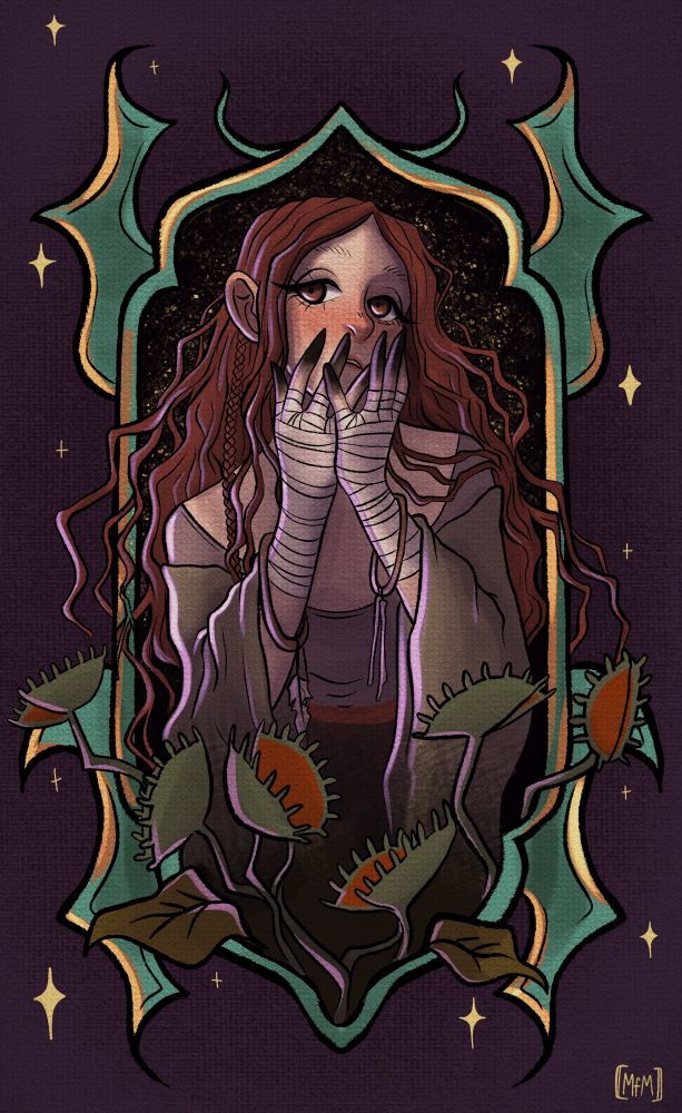 Illustration of Galem, a human witch holding her face with darkened fingers, looking at the front. She’s inside a gram with carnivore plants around the bottom and some sparkles all over 