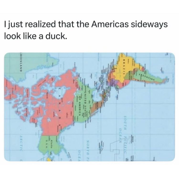 A title reads “I just realized that the Americas sideways look like a duck.”, with an image of a map of North and South America turned sideways, the outline of which now looks very much like a duck.