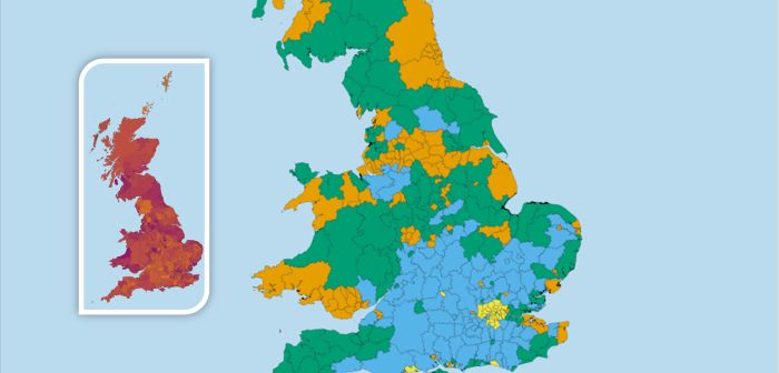 Two maps of Great Britian showing local authorities Inclusive Economy Data as coloured visualisations