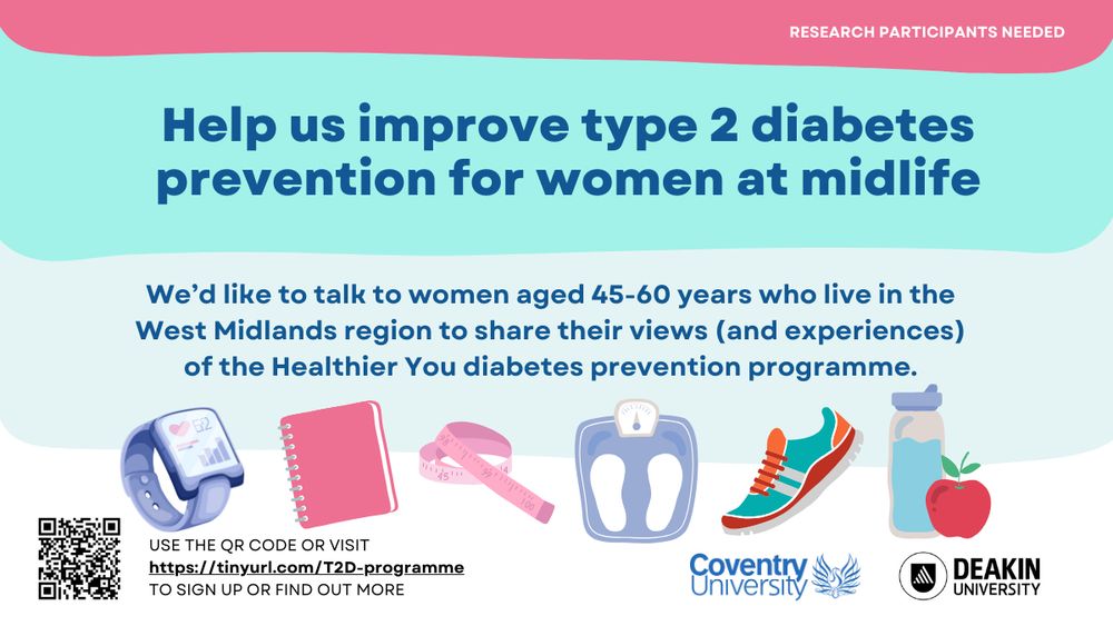 A notice asking readers to 'help us improve type 2 diabetes prevention for women at midlife' by participating in a research project at Coventry and Deakin Universities. There are images of a smart watch, notebook, tape measure, scales, running shoe and water bottle and apple, and a QR code and link to the study website