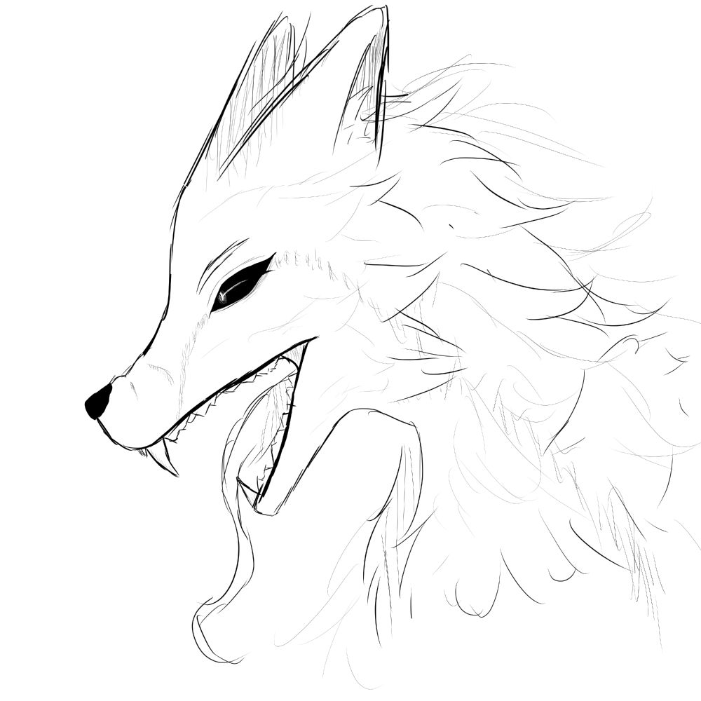A sketchy drawing depicting a large anthropomorphic wolf-like monster, with his mouth open, showing sharp teeth and a long tongue. He has black sclera, and appears rather hostile.