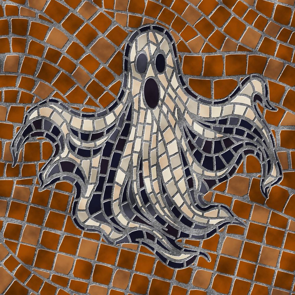 A mosaic ghost on an orange tiled background done in digital art.