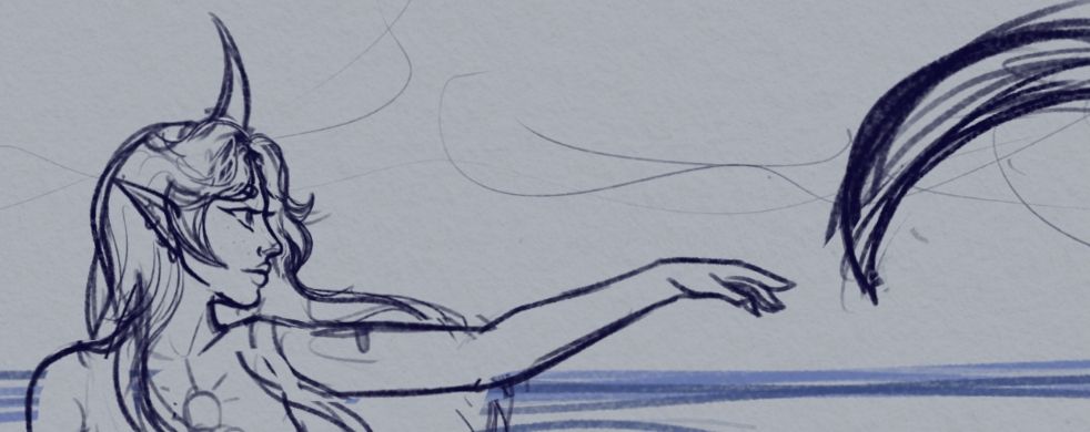 A sketch of a tiefling doing the creation of Adam reach towards a tentacle