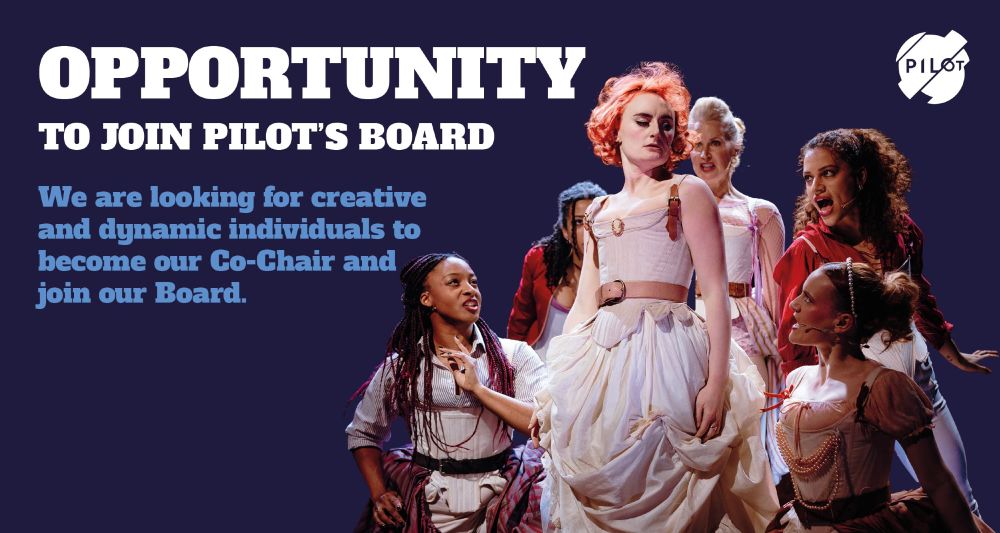 A production photo from Mary and the Hyenas, showing four women positioned around another woman who is standing in the middle of them. They all wear 18th century dress mixed with elements of modern fashion. Overlaid text highlights the opportunity to join our board.