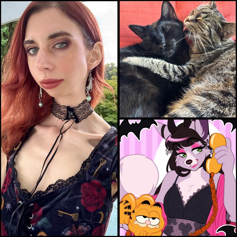 A collage of me in a black lacy dress with patterned roses on it, my two cats licking each other, and art of my fursona character.