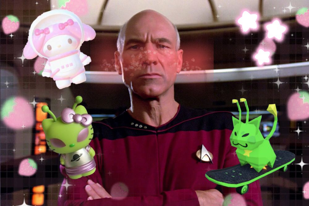 Kawaii edit of Picard with cute cat aliens around him