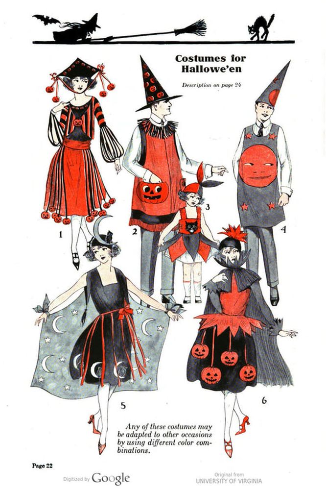 Vintage Halloween costumes from an old magazine. They are all numbered. Number 5 is very cute with crescent moons and a little goth looking but number 4 has a sly looking moon face dominantly shown on the costume chest, looking very comical.