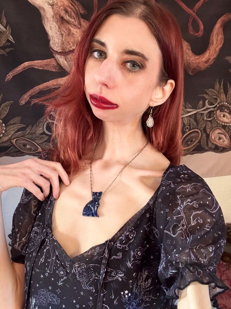 Photo of me in a black dress patterned with animals and stars. I have on a cat shaped necklace as well!