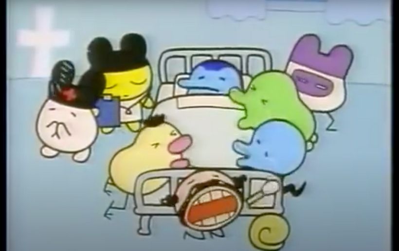Cartoon tamagotchis screaming over a dead body in a bed (but like….in a cutesy way.)