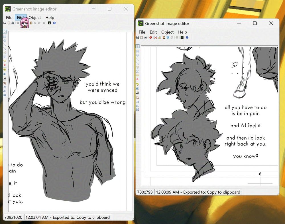 screenshot of screenshots i took of some bakudeku doodles. left: bakugou, shirtless, covering his right eye (viewer's left) with a folded palm. right: two deku faces; first one, he is smiling at someone. second face below, he is looking somewhere past the viewer/the camera, expression dropped. there is some text. from left to right: you'd think we were synced/but you'd be wrong./all you have to do is be in pain/and i'd feel it/and then i'd look right back at you,/you know?