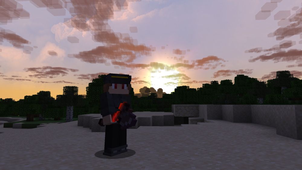 A screenshot of the game Minecraft, specifically of a player on the AceMP Minecraft server. She can be seen wearing black work pants, gray work shoes, a black hiker's jacket, and a black cowboy hat with gold trim. She is seen wielding an enchanted Netherite Axe after having narrowly defended herself from a horde of Zombies. The sun rises behind her as daybreak frees her of the vital struggle's worst elements, setting her onwards once more towards her destination: a distant plantation ran by a shadowy company.