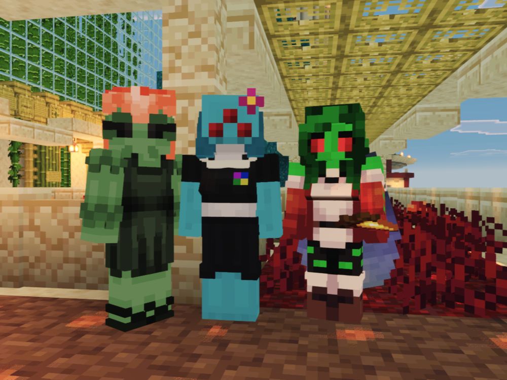 An image of three Minecraft players on the AceMP survival multiplayer server (SMP). They stand in the shade below an overarching structure in the city of Memphis, Elatneithia, with a bamboo farm in the upper-left background of the image and the sparsely cloud dotted sky in the right background of the image. From left to right the figures in the foreground are as follows:

Fern's (thef3rnfor3st) Floran character is an anthropomorphic plant-like creature seen to be of green complexion with an orange flower on her head, with black beady eyes and a crooked and jagged lip contour with small overbite fangs. They can be seen wearing a dark green dress with a skirt-like bottom half and sleeveless tanktop-like top half as well as some black shoes.

My Hylotl character is an anthropomorphic axolotl-esque creature seen to be of a light-blue complexion; except for the front of the pelvis, the stomach, the breasts, the front of the neck, and an area encompassing the lower mandible, all of which constitute a contiguous patch of white skin. As a Hylotl, she possesses secondary respiration via external gills on the left and right sides of her face, as well as three red eyes centered on the face as if they were dots on a triangle which grant enhanced optical capabilities. She has a small pink and yellow flower attached to her left (right relative to camera) forehead, a black crop top with short sleeves and a magenta, blue, green, and yellow 2x2 square pin representing her membership as an Elatneithian official, and a black pleated midiskirt.

Cally's Martian is an anthropomorphic bug creature seen to be of a particularly neon green complexion, sharing in the hair like head covering similar in aestethic purpose to the Floran OC's flower and red color of the Hylotl OC's eyes. She is seen wearing an open orange jacket with white fluffy trim on the upper sleeves, a white undershirt, black pants with several small holes revealing green skin underneath, and brown boots with the white fur.