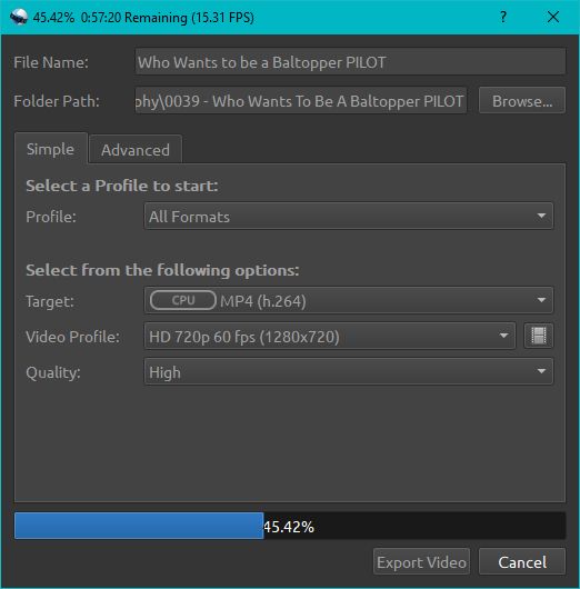 A screenshot of a pop-up window for the video editing program OneShot which shows a project named "Who Wants to be a Baltopper PILOT" It shows a video is currently rendering and is about 45% rendered.