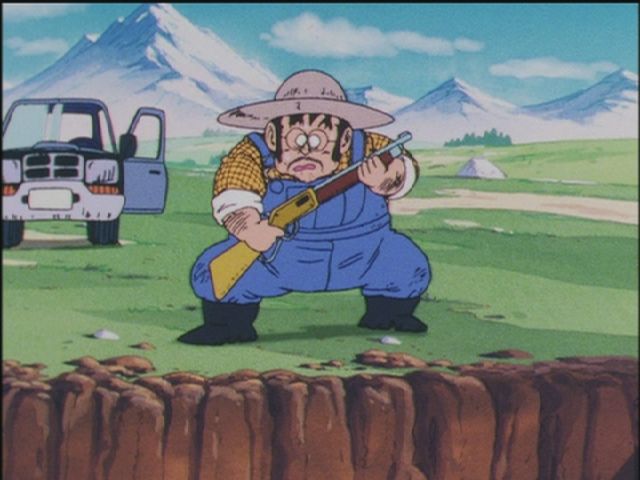 Shot of the Farmer character from the first episode of Dragonball Z, who finds Raditz in the crater while driving his truck