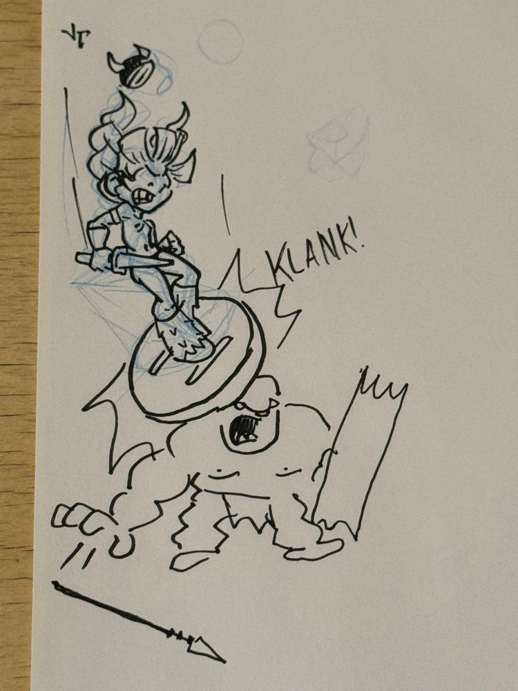 Shieldmaiden using a large shield to knock out an armed foe.