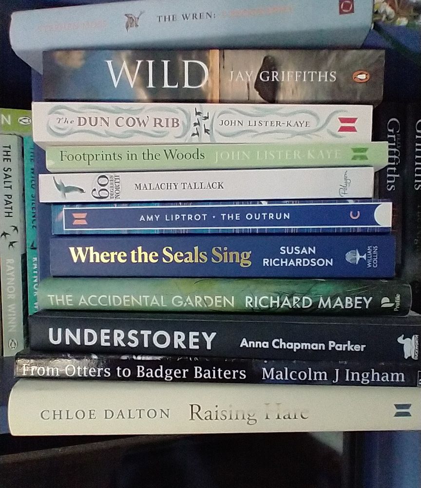Books about natural history and biographies of nature writers, stacked vertically. Authors include John Lister Kaye, Amy Liptrot & Malcolm J Ingham. 