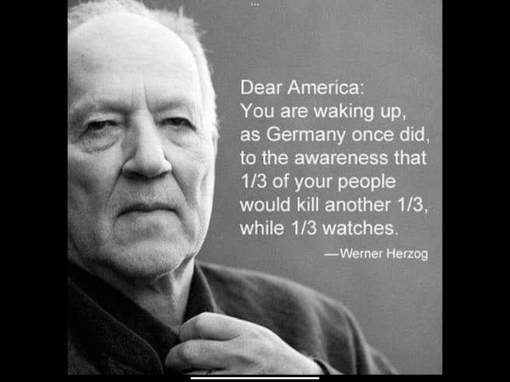 Image of Werner Herzog: Captioned; You’re waking up, as Germany once did, to the awareness that 1/3 of Your people would kill another 1/3. While a 1/3 watches. 