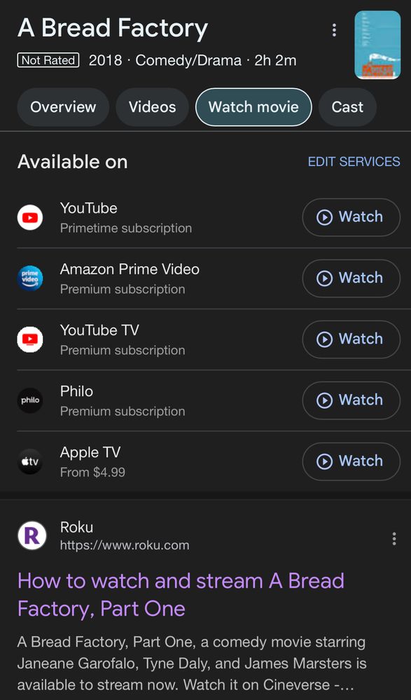 Screenshot of a Google search on the independent film "a bread, factory, part one" showing six platforms where it is available to watch: Roku, Apple TV, Philo, YouTube TV, YouTube Primetime subscription, Amazon Prime Video
