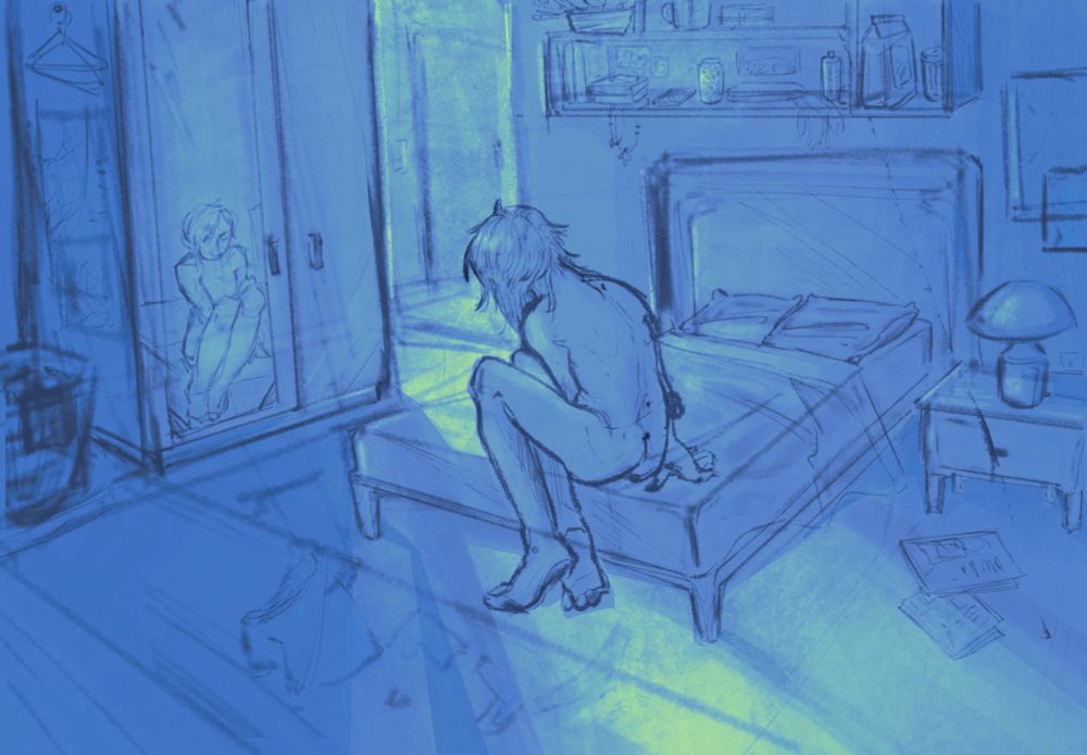 A quick sketch and lighting practice of a person sitting in a room with cool green lighting and purple shadows. Their room is a mess and the atmosphere is lonely and fatigued.