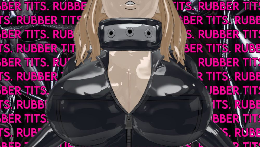 A close up of Camie shiny rubber tits over a caption saying “Rubber Tits” over and over, on top of a background of shiny black latex~