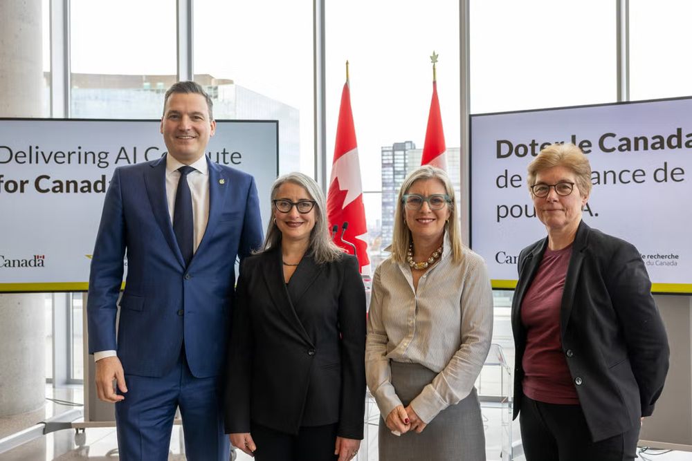 From left: Evan Solomon, minister of artificial intelligence and digital innovation and minister responsible for the Federal Economic Development Agency for Southern Ontario, Leah Cowan, U of T vice-president of research and innovation, and strategic initiatives, U of T President Melanie Woodin and Gail Murphy, vice-chair of the Digital Research Alliance of Canada
