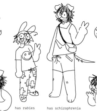 colorless doodle of a short humanoid with sharp teeth and bunny ears wearing a shirt with a smily face and sweatpants with a gingerbread man pattern and crocs, and a taller humanoid with big eyes and no mouth, with dog ears and a thin tail wearing a collar, tank top, shorts and a bag across their torso. both are holding up the peace sign.