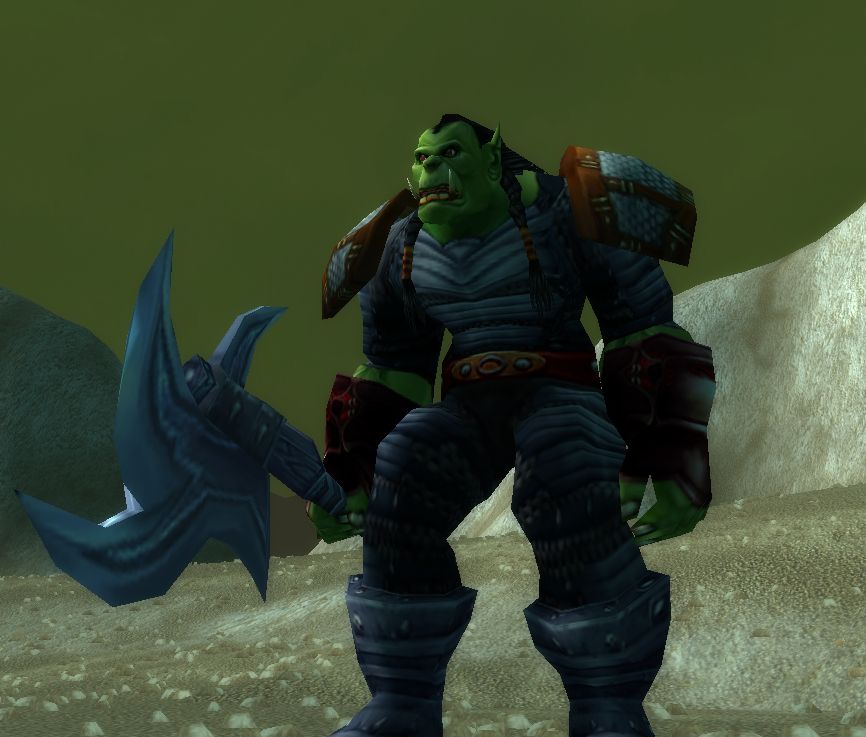 This image is of Ungazugga, a 36 Orc warrior in World of Warcraft. He's wielding a Whirlwind Axe, an iconic axe from classic World of Warcraft.