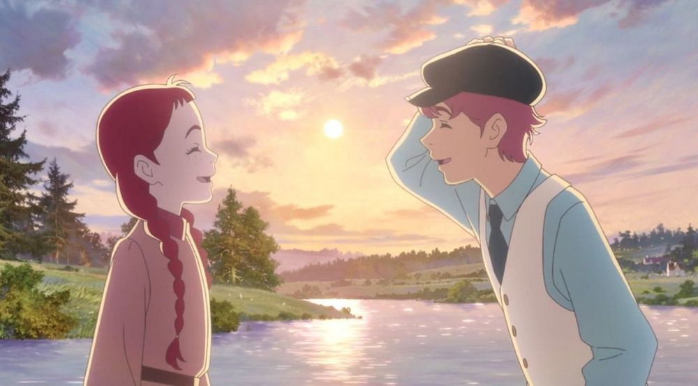 Anne Shirley and Gilbert Blythe, reconciling with the Lake of Shining Waters in the background