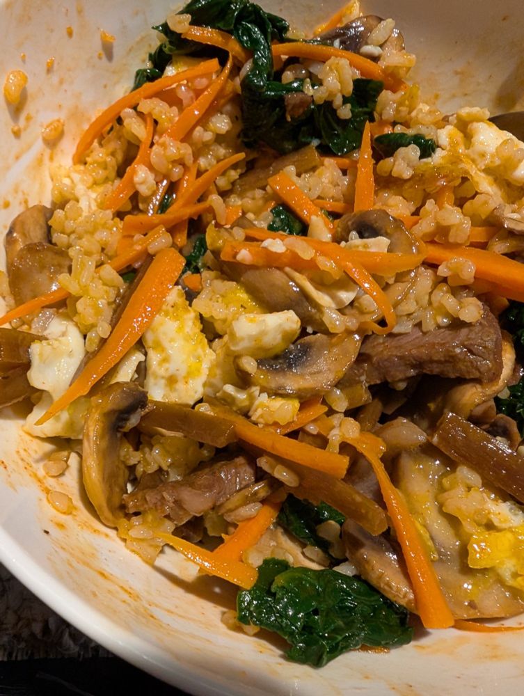 Bibimbap after mixing, with just a dollop of sauce, since I'm spice averse