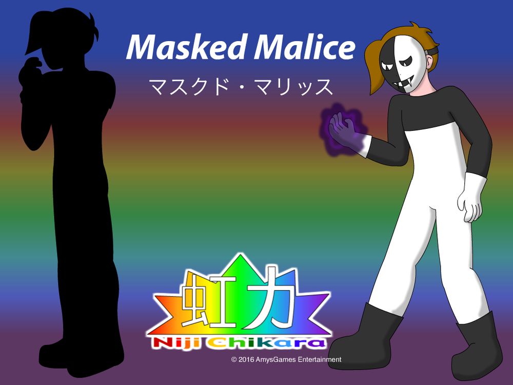 A desktop image of Masked Malice from Niji Chikara. Malice stands menacingly on the right, with a silhouette of his unmasked self on the left.