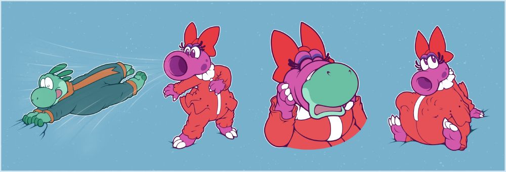 [vacuum vore, soft vore, voreday] green yoshi in a green jumpsuit tries to hold on but is sucked in by Birdo in a red jumpsuit who swallows him whole