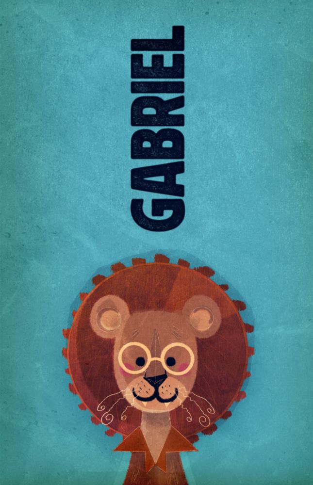 A teal vertical oriented poster that features the word GABRIEL stacked vertically across half of the center, and a little lion rendered in a pseudo-vintage midcentury style on the center-oriented bottom-half, depicted from the shoulders up. She's largely red, has curlicue whiskers and golden glasses, and the kind of cozy deep brown coat you could probably smell the cigarettes on weeks after the thing was lit. 