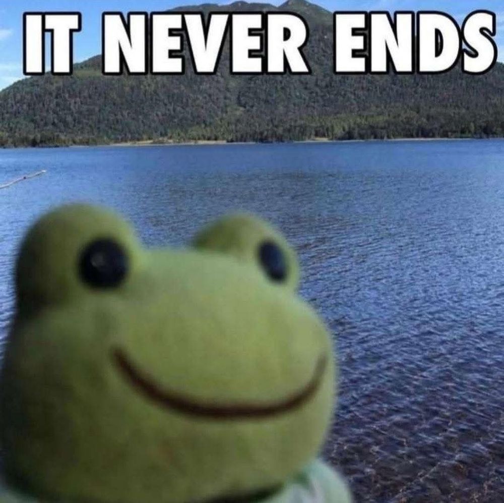 A photo of a river with a foresty mountain in the background. In the foreground, slightly out of focus, is a green frog plushie.
The text at the top of the image says: IT NEVER ENDS
