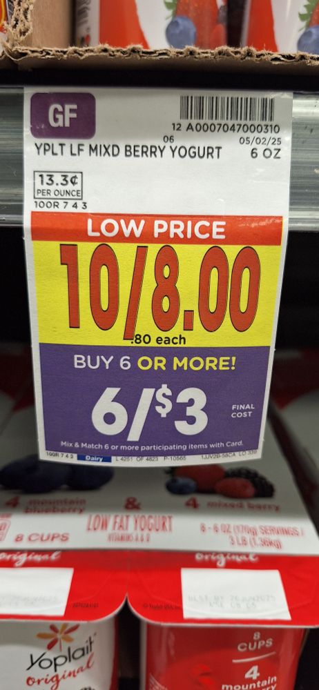 Price tag saying ten for eight or six for three.