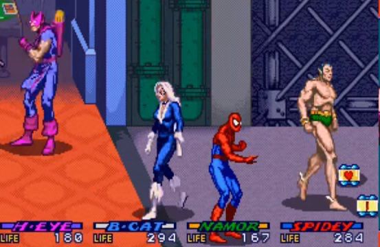 Screencap of arcade game Spider-Man: The Video Game featuring Spider-Man, Black Cat, Hawkeye, and Namor the Submariner.