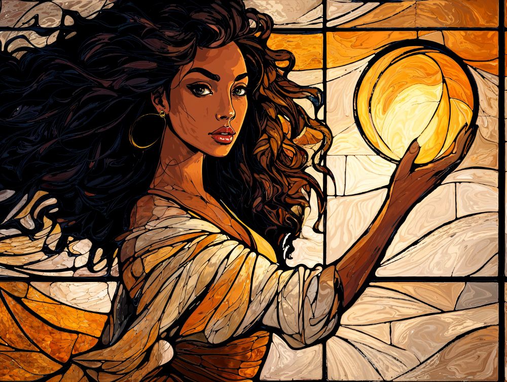 Woman holding a bar of light, sorcerian.