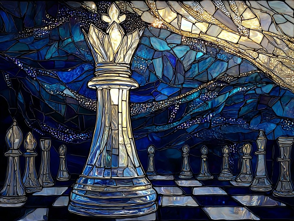 Stained Glass Chess Queen with subjects.