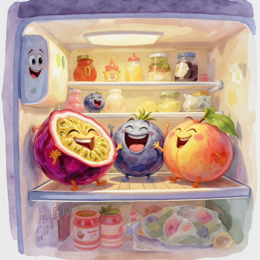 Passionfruit Blueberries and Peach having fun in the refrigerator!