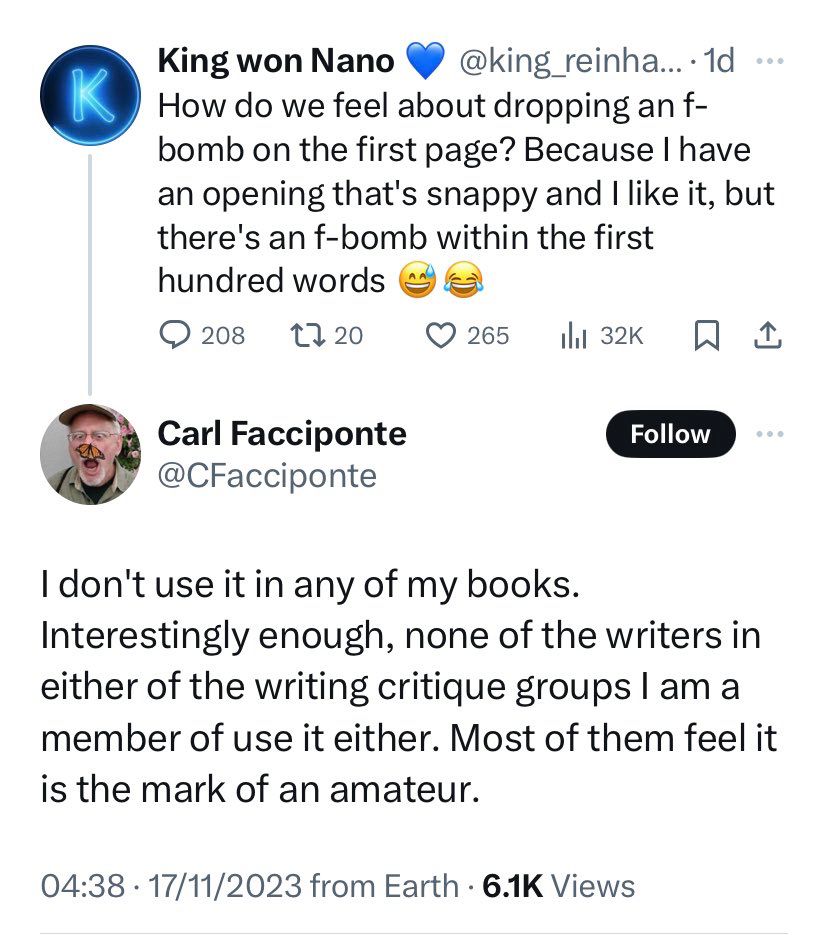 guy1: whatcha think bout f-bombs in writing?

guy2: all my homies hate f-bombs. they’re for amateurs.