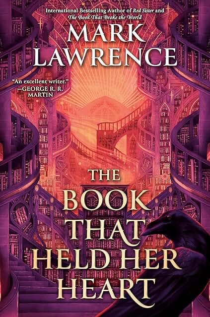The cover of the book that held her heart by Mark Lawrence. A fantastical library that is many levels in various shades of purples, pink and oranges. In the lower left-hand corner is a black raven.