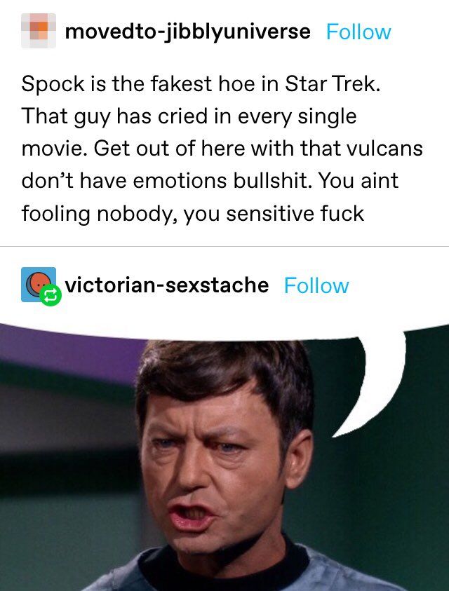 tumblr user movedto-jibblyuniverse: "Spock is the fakest hoe in Star Trek. That guy has cried in every single movie. Get out of here with that vulcans don't have emotions bullshit. You aint fooling nobody, you sensitive fuck." The post is turned into a speech bubble leading from Dr. McCoy.