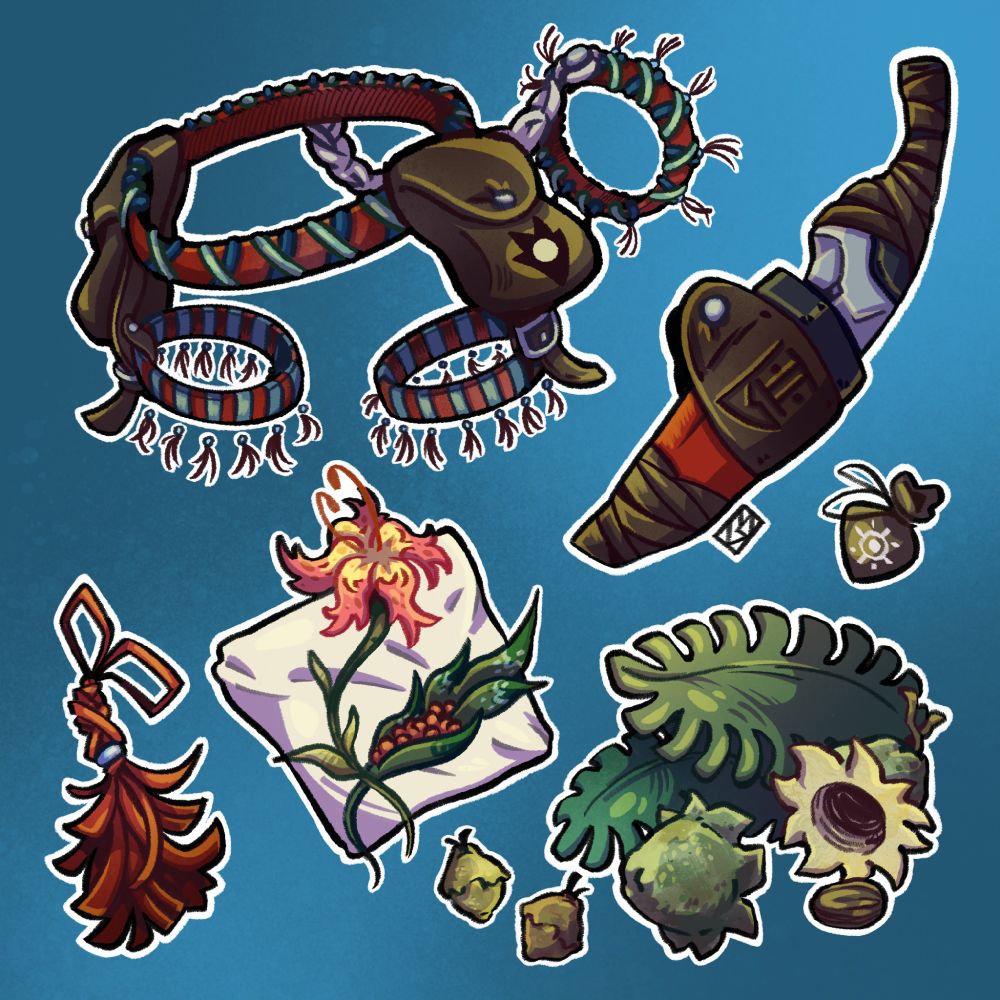 Digital drawing of a bunch of objects:
A qr'tzal explorer harness, with bags and fringes.
A stone knife with a leather sheath, 
A red leather fringe.
Some plants and a fruit.
