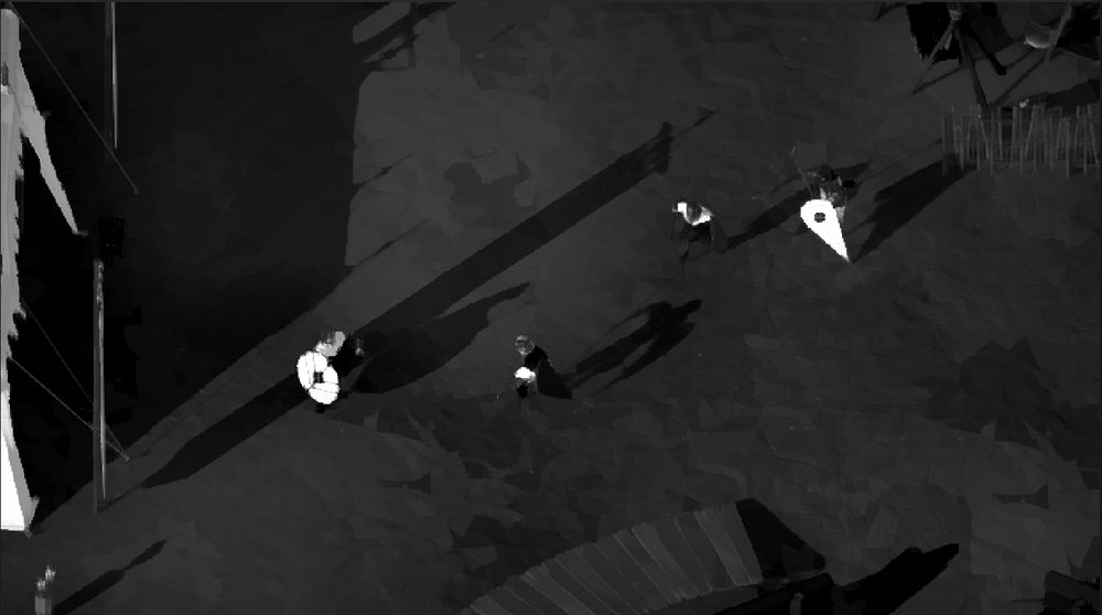 A painterly black and white view in isometric perspective of soldiers on a field.