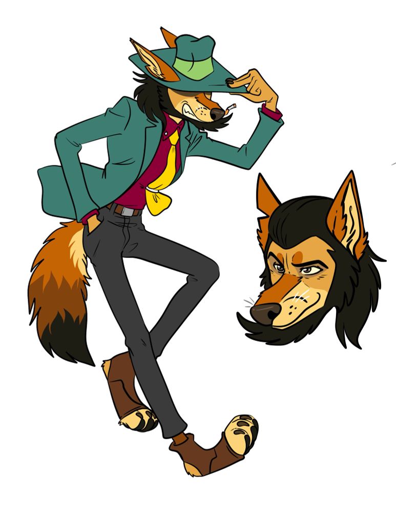 Digital art of an Anthro Coyote dressed in a teal suit, maroon shirt, yellow tie, grey pants, and teal fedora hat with a green band. He is grinning and tipping his hat. One hand is on his pocket. There is also a close up of his face without the hat to his right. 