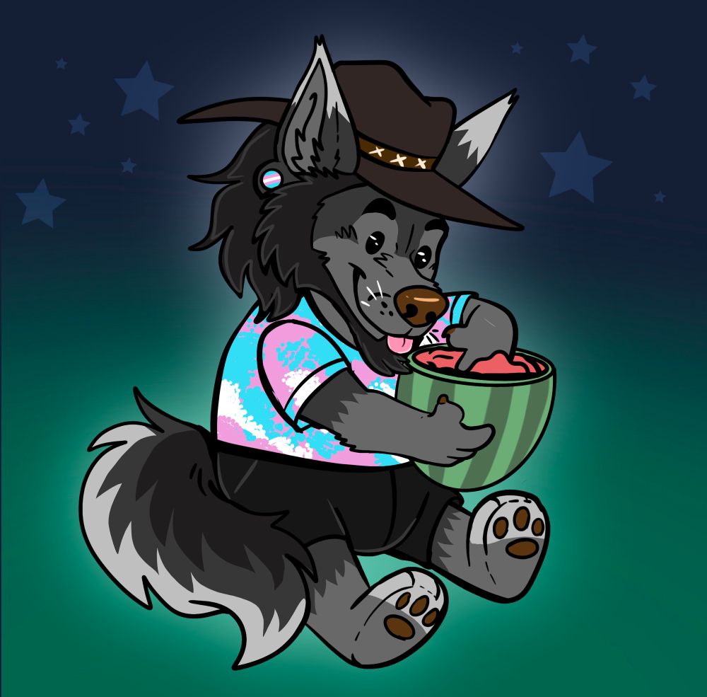 Drawing of a cartoon canine smiling and eating from a watermelon 